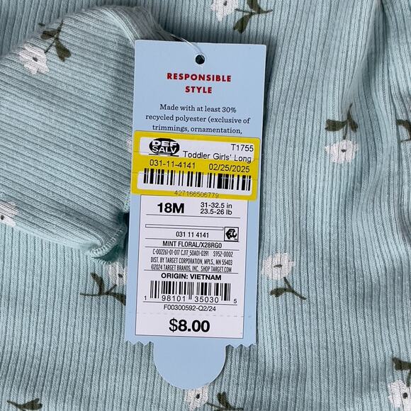 Lot of 2 Cat & Jack T-Shirt Girls Toddler 18M Mint Green Floral Long Sleeve - Picture 4 of 4